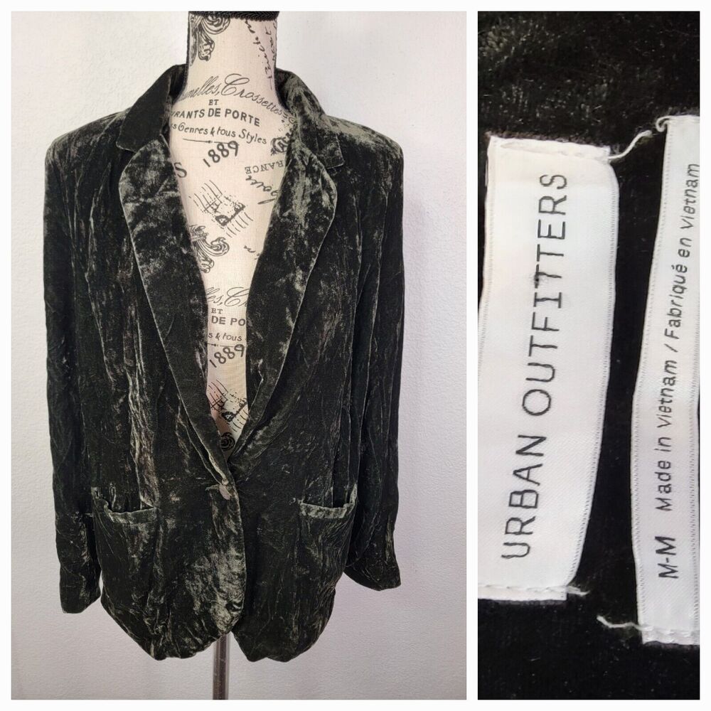 Urban Outfitters Velvet Blazer Jacket Womens Medium Single Button Dark Green